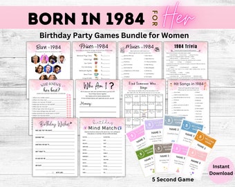 40th Birthday Games for Women, Born in 1984 Games Bundle Her, Fun 40th Birthday Party Game Printable, 1984 Trivia Quiz, Born in 1984 for Her
