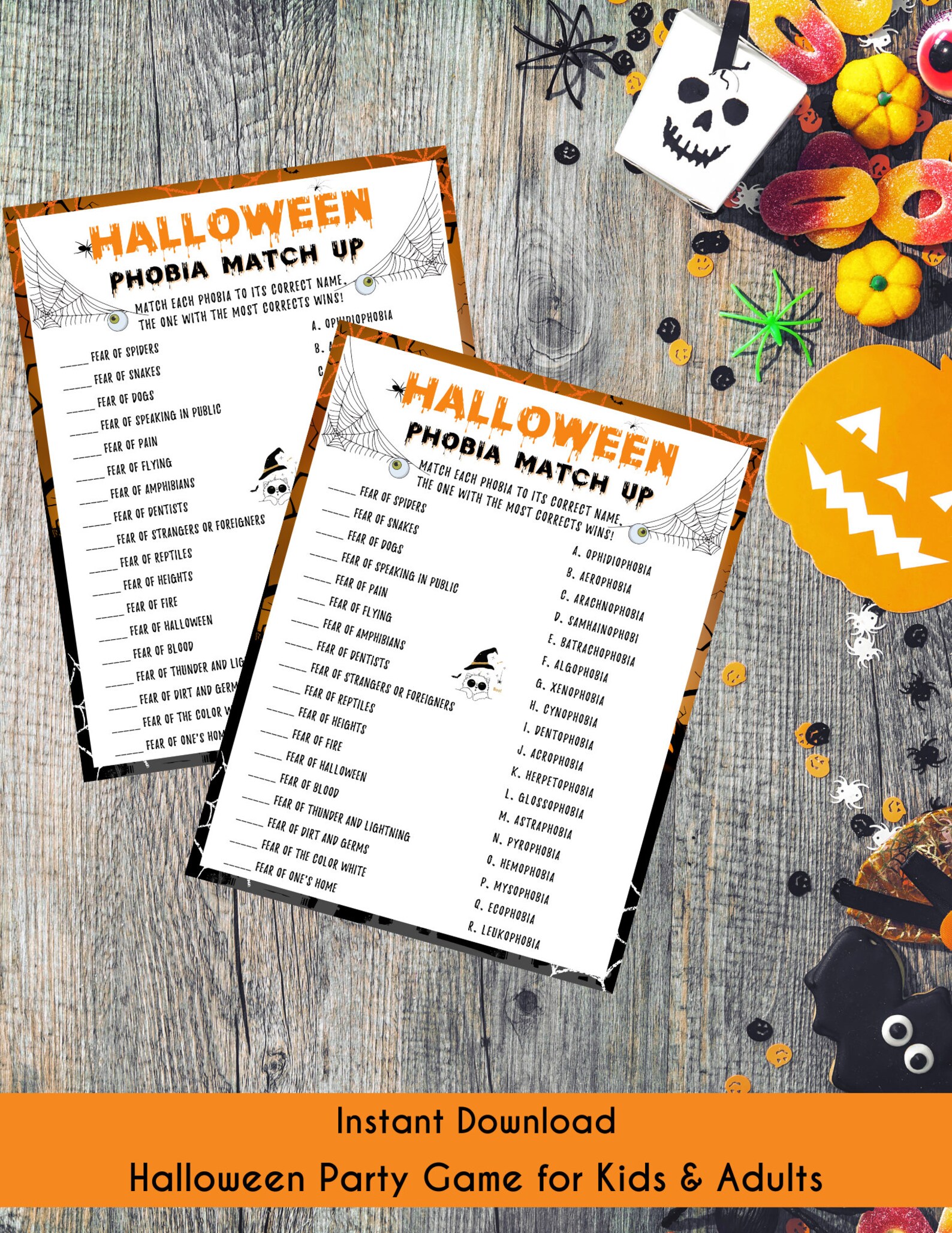 Halloween Phobia Match up Printable Game for Kids Adults Halloween ...