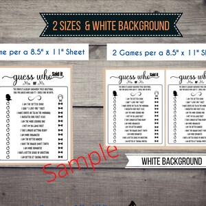 May include: Two printable game cards for a wedding shower or bridal shower. The cards are beige with black text and graphics. The text on the cards reads "Guess Who Said It? Mr. or Mrs." and includes a list of questions about the couple. The cards are available in two sizes: one game per 8.5 x 11 inch sheet or two games per 8.5 x 11 inch sheet.