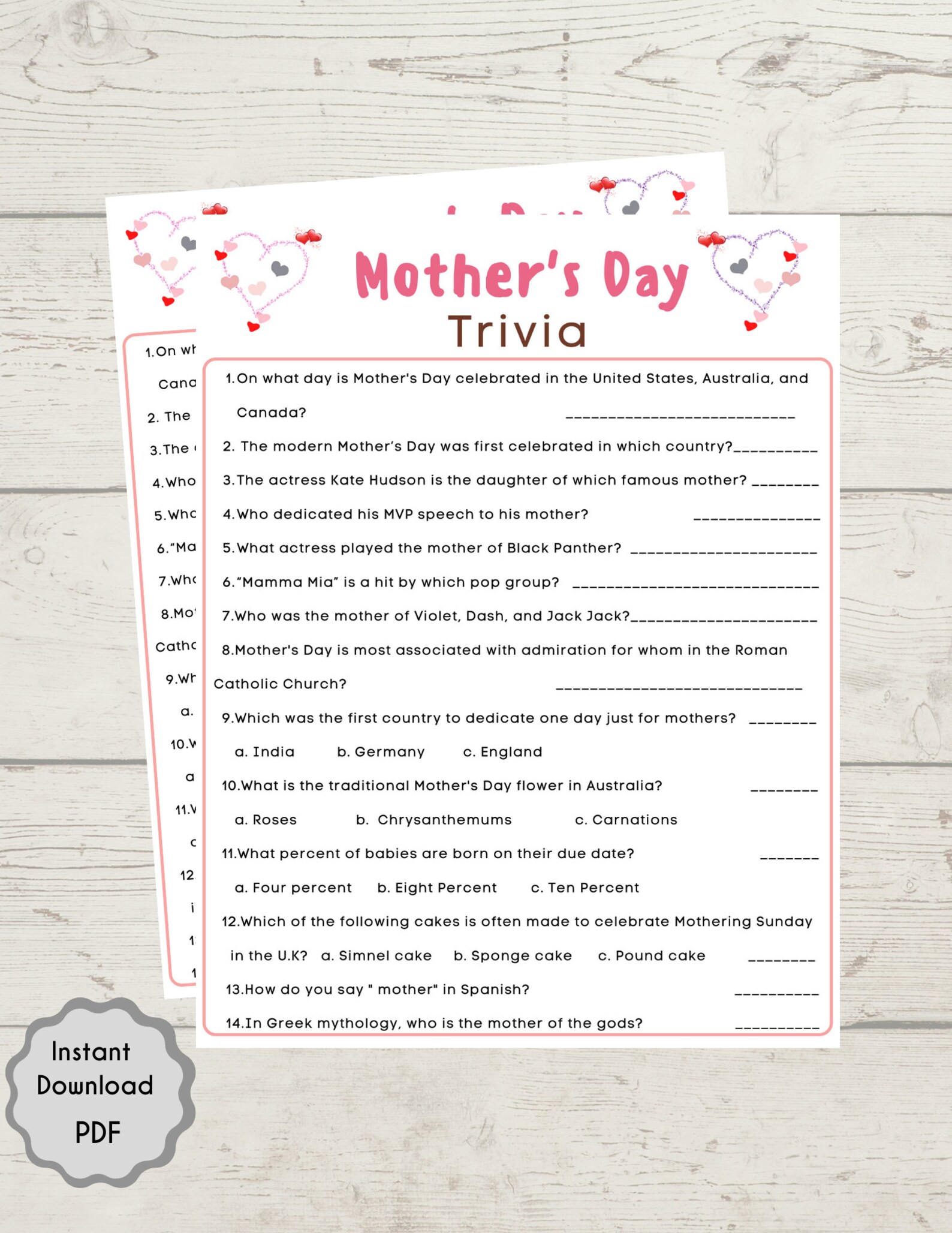 Mother's Day Trivia Game Mother's Day Game for Kids & Adults Family