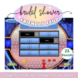 May include: A PowerPoint game for a bridal shower, featuring a game board with blue boxes and the words "Dress" and "Tiara." The title "Friendly Feud" is displayed above the game board, with the words "bridal shower" in cursive.