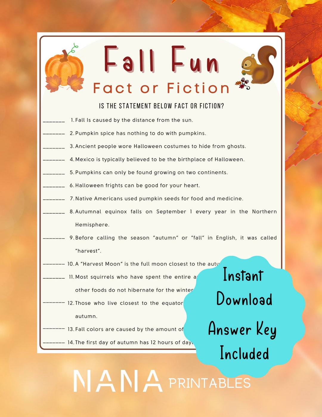 Fall Fun Fact or Fiction Game Autumn Game Party Game Family Activity