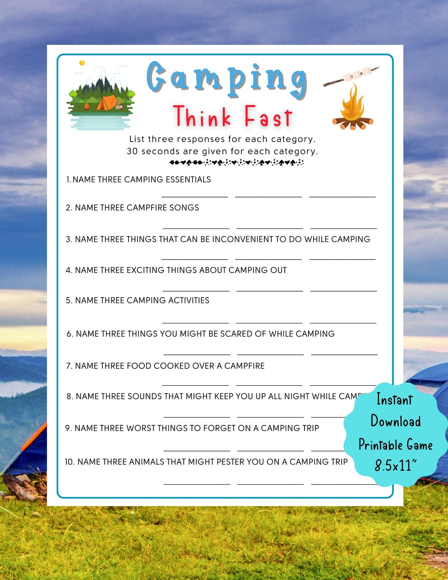 Camping Think Fast Game Fun Printable Camping Quiz Game Campsite Game ...