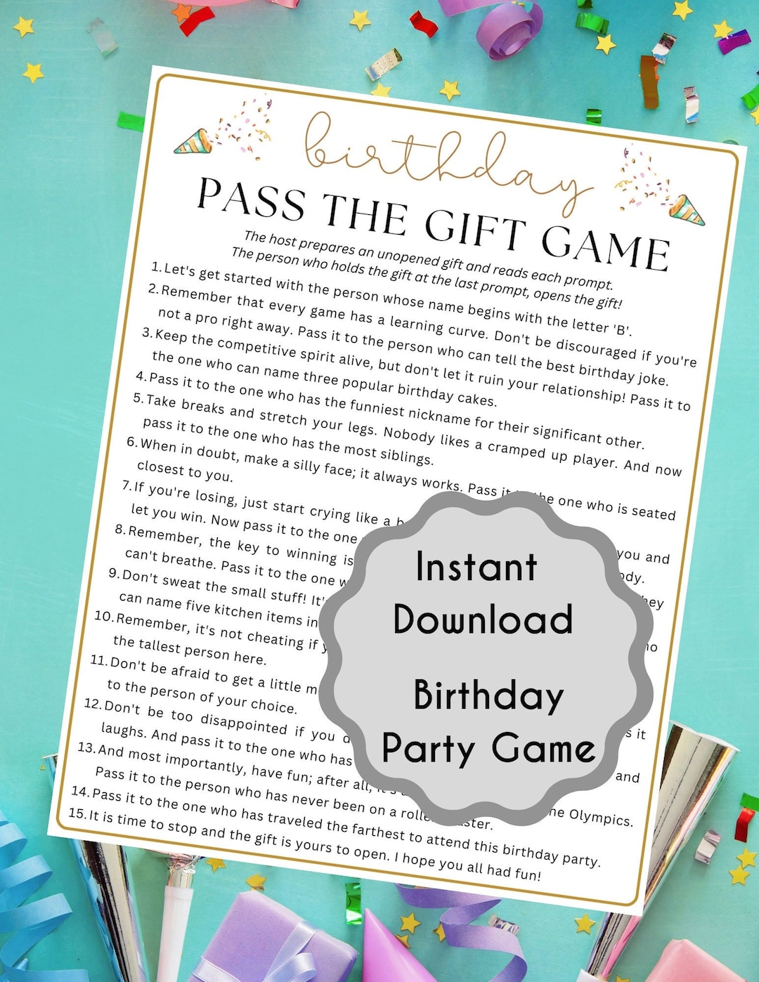 Birthday Pass the Gift Game Birthday Party Game Family & Adult Birthday