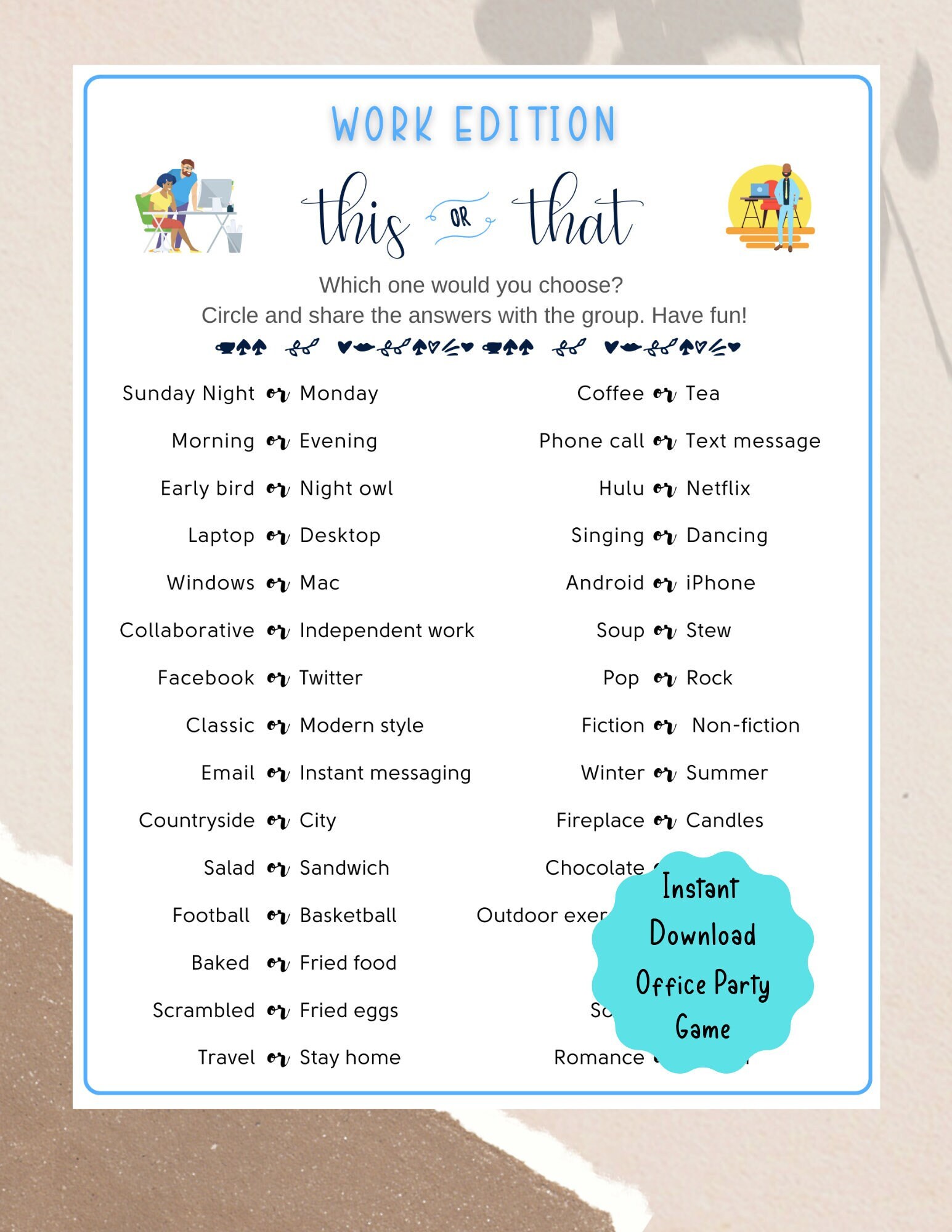 Office Party Printable This or That Game | Coworker Staff Game | Fun Work Party Game | Retirement Party, Icebreaker TeamBuilding Game