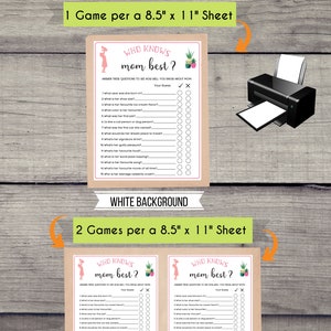 May include: Two printable game cards for a "Who Knows Mom Best?" game. Each card has 15 questions about a mother. The cards are designed with a pink and green color scheme and feature a silhouette of a woman with a floral headband. The text "Who Knows Mom Best?" is printed in pink on a white background. The cards are designed to be printed on 8.5 x 11 inch paper.