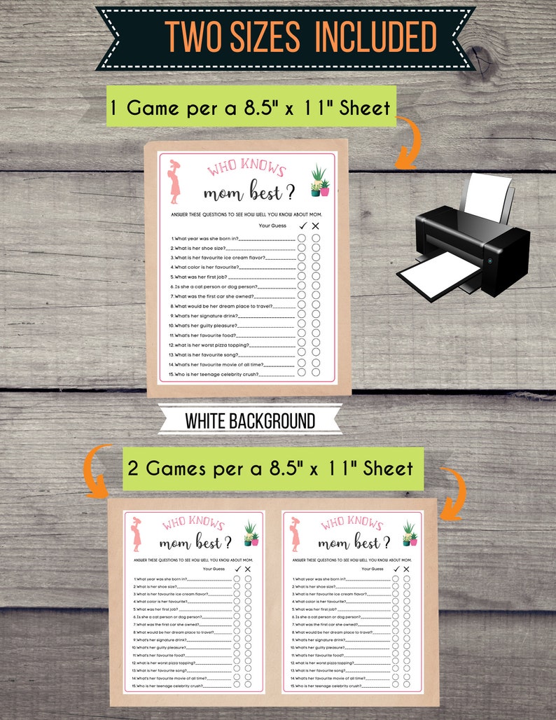 May include: Two printable game cards for a "Who Knows Mom Best?" game. Each card has 15 questions about a mother. The cards are designed with a pink and green color scheme and feature a silhouette of a woman with a floral headband. The text "Who Knows Mom Best?" is printed in pink on a white background. The cards are designed to be printed on 8.5 x 11 inch paper.