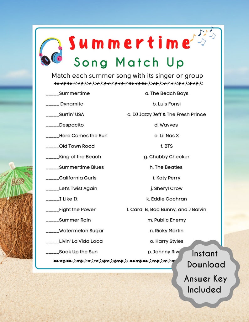 Summertime Song Match up Pool Party Game Summer Party Game Printable ...