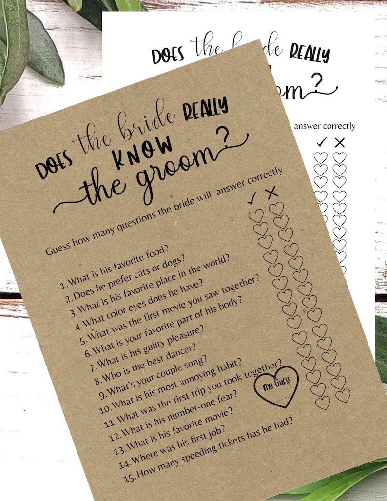 Does The Bride Really Know The Groom Bridal Shower Game, Printable PDF, Bride & Groom Party, Brunch Games, Rustic Minimalist, Newlywed game image 1