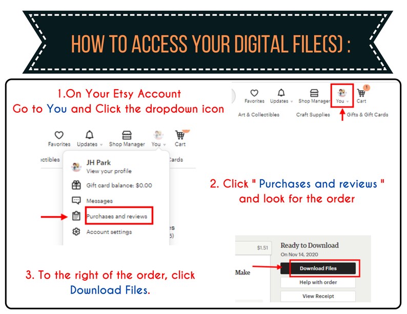 May include: A screenshot of the Etsy website showing how to access digital files purchased on the platform. The steps are outlined in a numbered list with red arrows pointing to the relevant sections. The image shows the Etsy account menu, the Purchases and Reviews section, and the Download Files button.