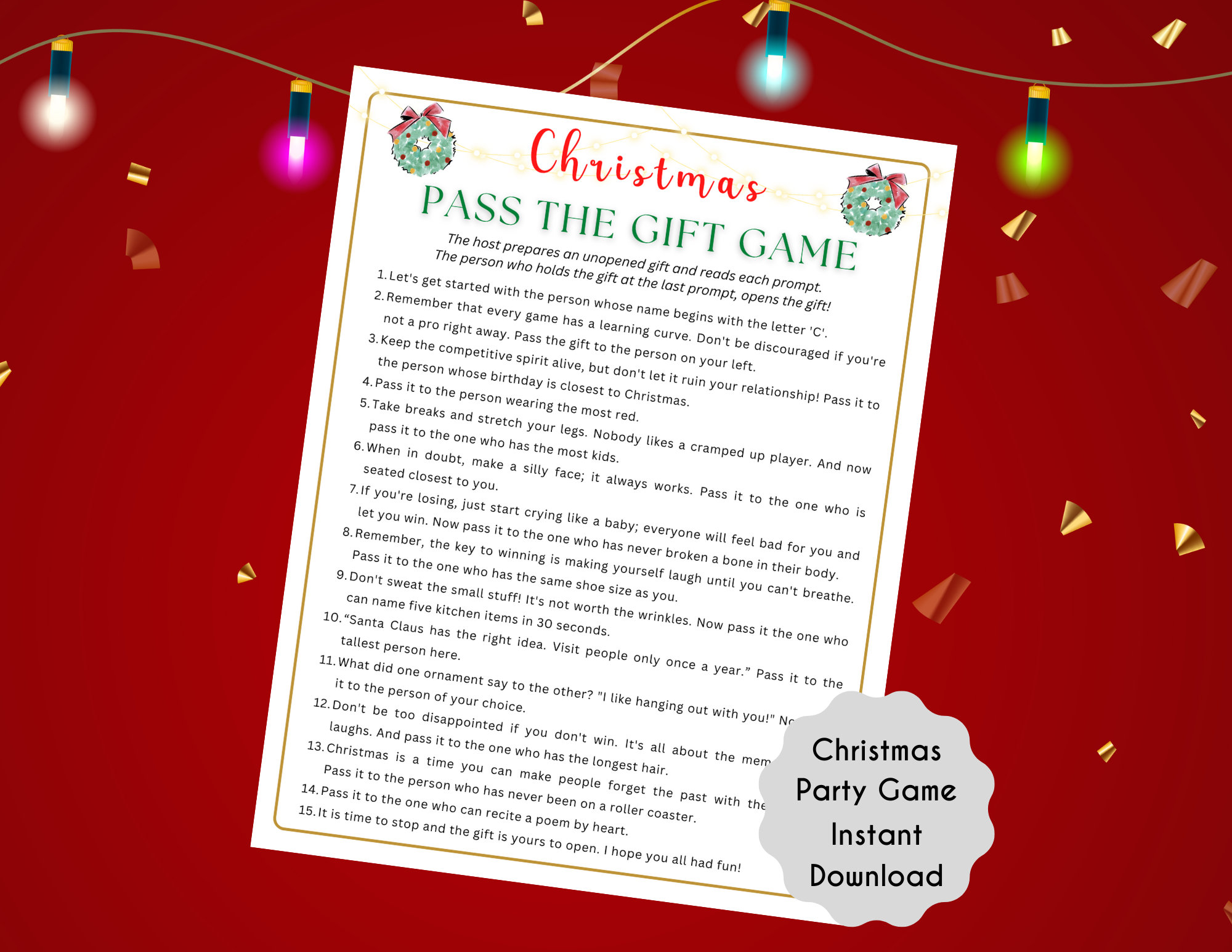 Christmas Game Pass the Gift Holiday Party Game Christmas Printable