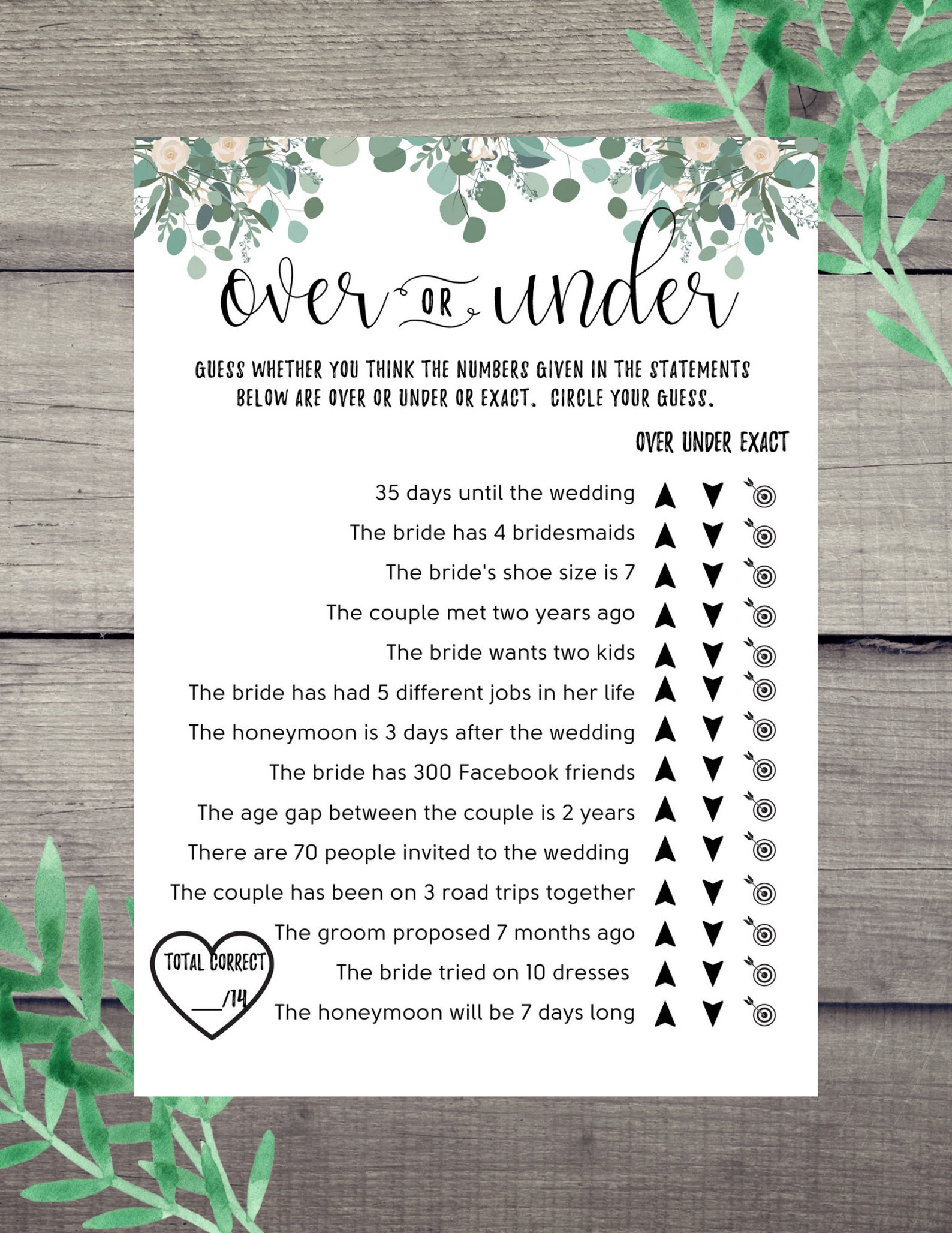 Over or Under Bridal Shower Game L Newlywed Game L Greenery Bridal ...