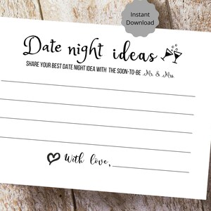 Date Night Ideas Bridal Shower Card, Printable, Bride Party, Fun Card ...