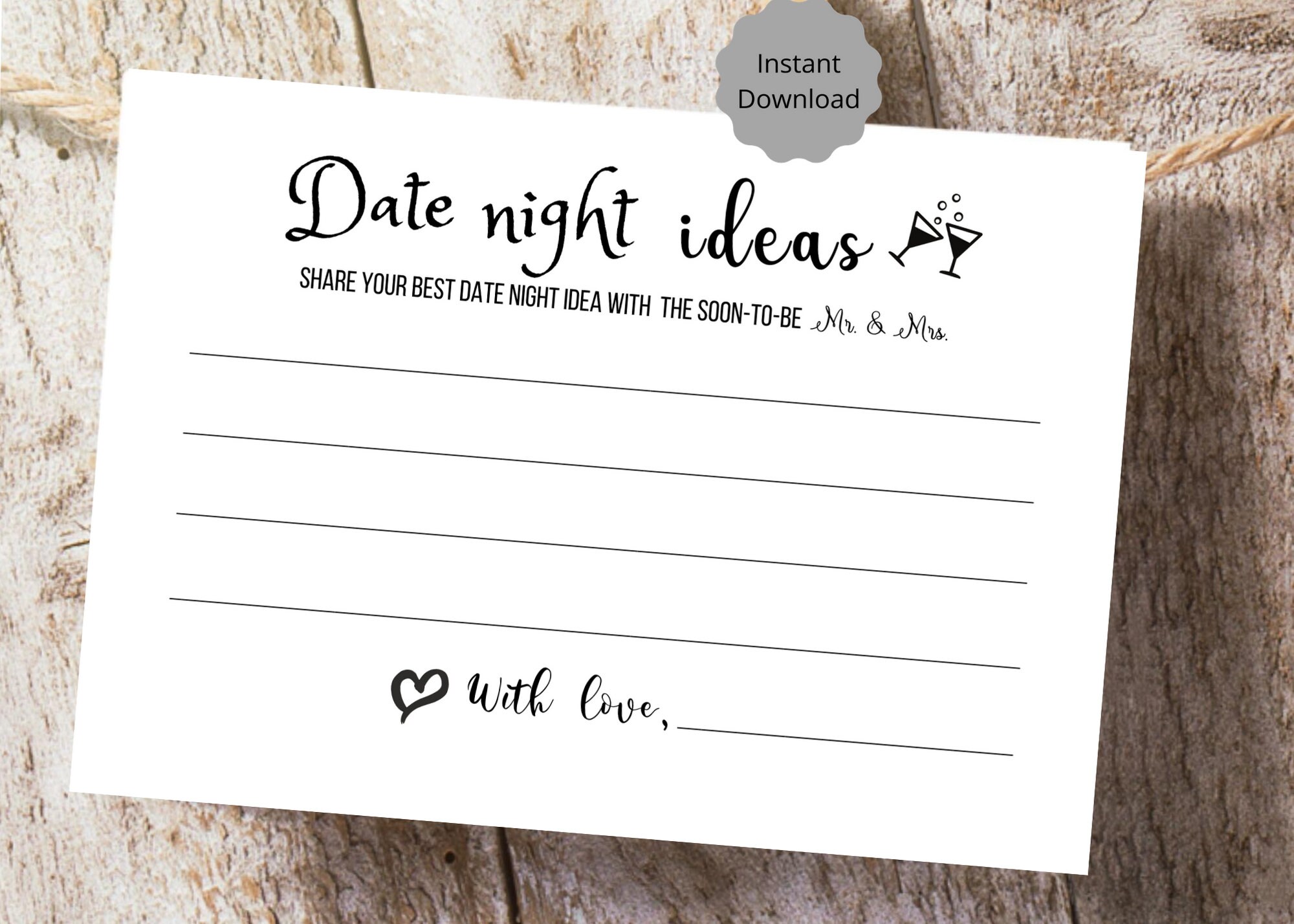 Date Night Ideas Bridal Shower Card Printable Bride Party - Etsy