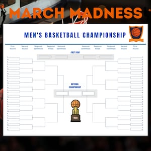 Puede incluir: Un cuadro de campeonato de baloncesto masculino de la NCAA imprimible con un gráfico de baloncesto y el texto "MARCH MADNESS" en la parte superior. El cuadro está dividido en 64 casillas para que se rellenen los equipos, con el Campeonato Nacional en la parte inferior.