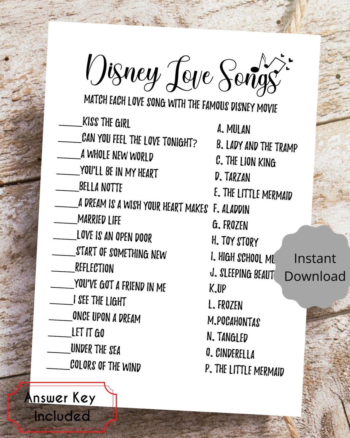 Disney Love Songs Bridal Shower Game Printable PDF Bride & Etsy