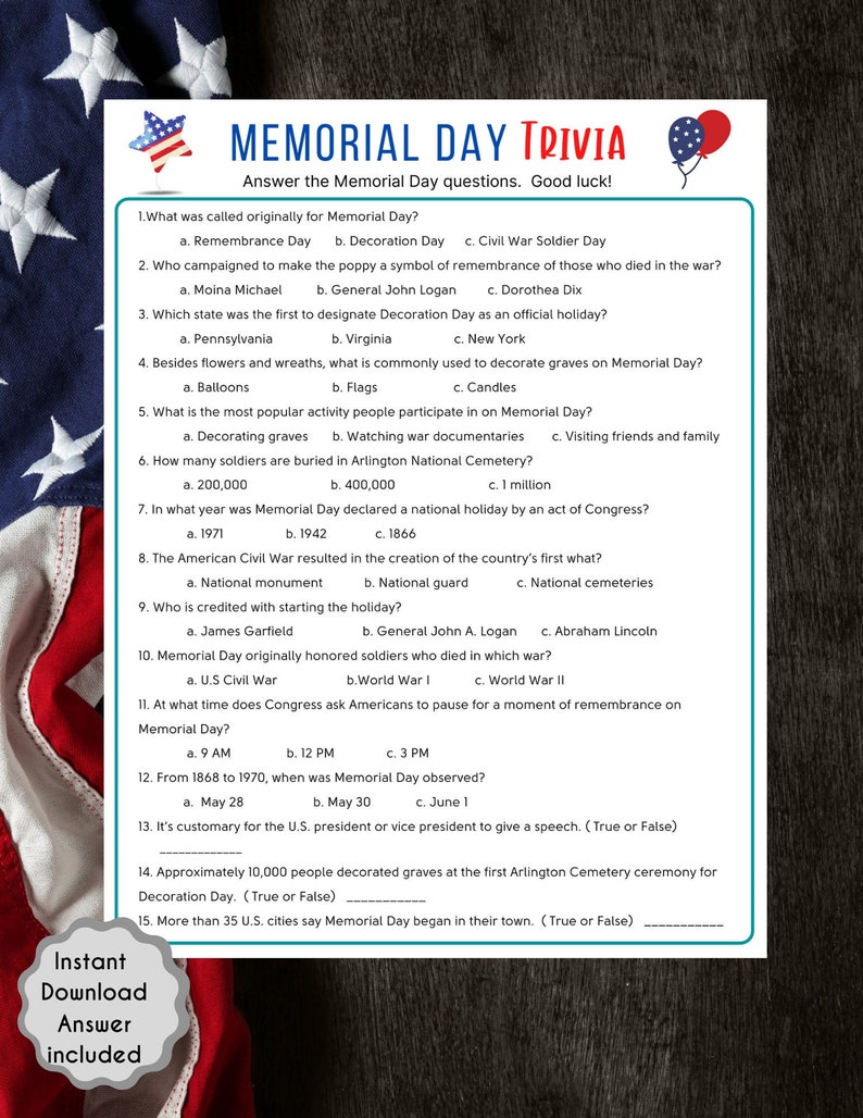 Op de afbeelding: Een printbare Memorial Day-triviaquiz met 15 vragen over de geschiedenis en tradities van de feestdag. De quiz is ontworpen om leuk en leerzaam te zijn en is perfect voor gezinnen, vrienden of klaslokalen. De quiz is gedrukt op een witte achtergrond met een rood-wit-blauw Amerikaans vlagontwerp.