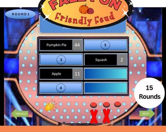 May include: A digital game screen with the text "FALL FUN Friendly Feud" and a pumpkin graphic. The game board displays categories like "Pumpkin Pie" and "Apple" with corresponding point values. The game is labeled "PowerPoint Fall Party Game" and has 15 rounds.