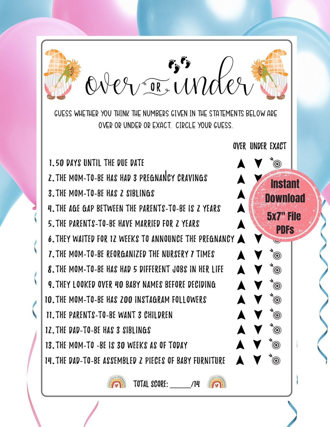 Over or Under Baby Shower Game Baby Gnome Baby Shower Game Fun Party ...