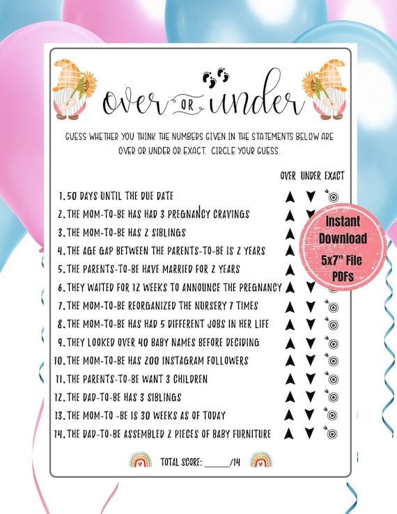 Over or Under Baby Shower Game Baby Gnome Baby Shower Game | Etsy