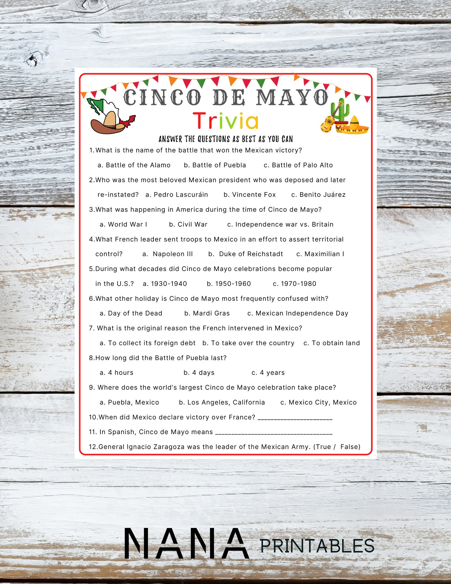 Cinco De Mayo Trivia Game L Printable Game Mexican Fiesta Game Fun ...