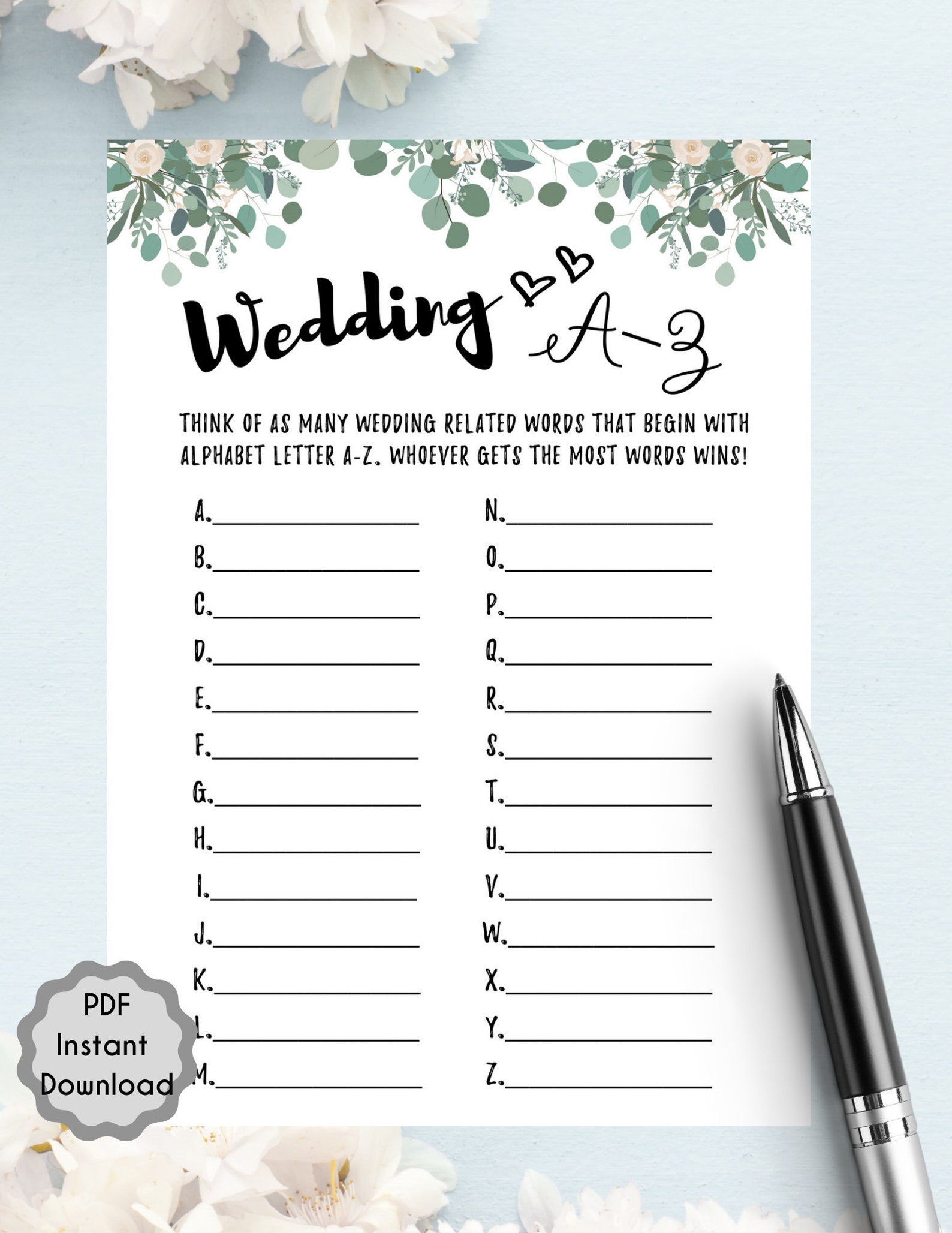 Wedding A to Z Bridal Shower Game L Newlywed Game L Greenery Bridal