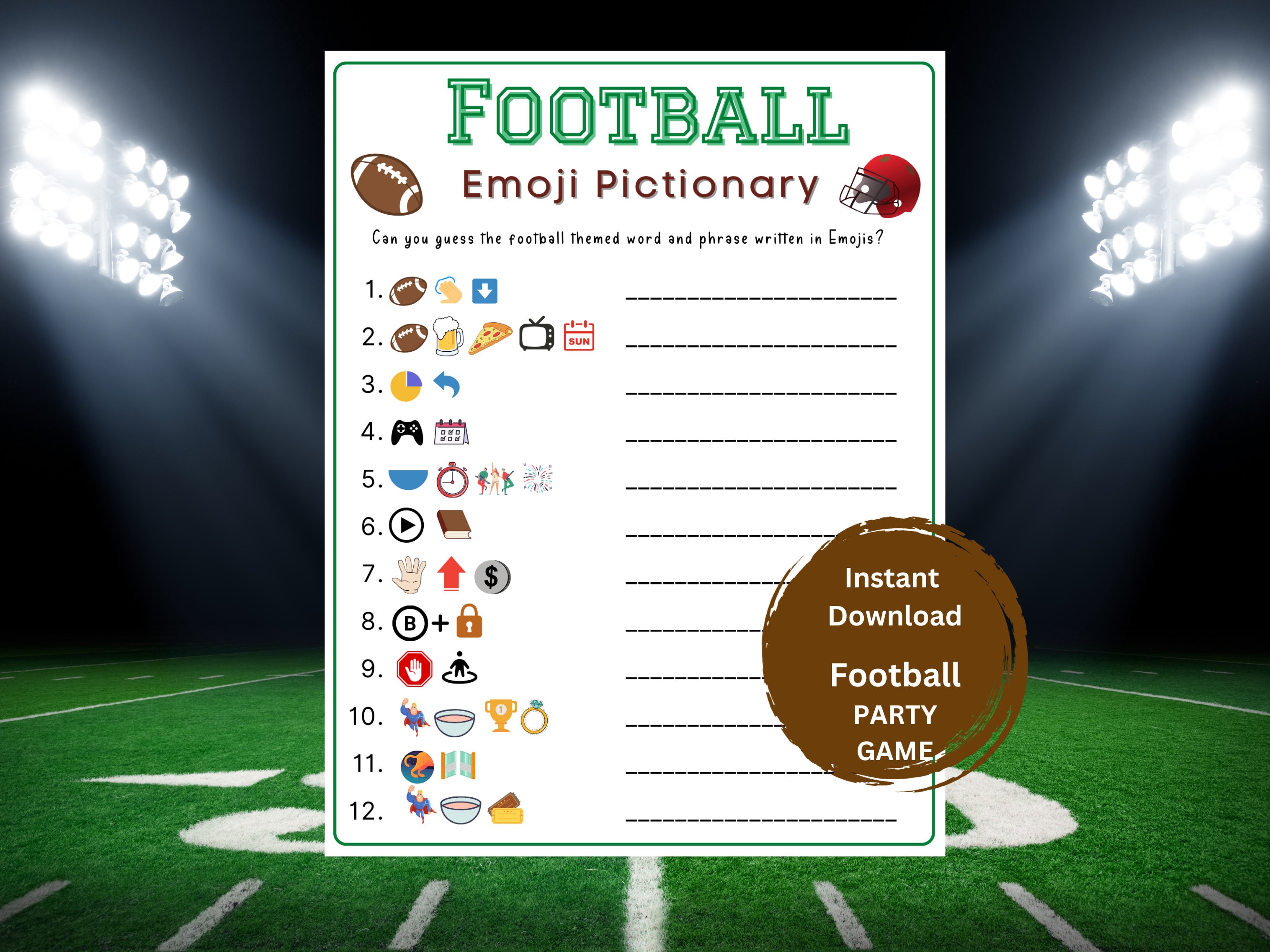Football Emoji Pictionary Game, 2024 Superbowl Printable Game, Super