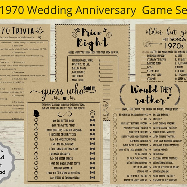 1970 54th Wedding Anniversary Games Bundle Printable 1970 Anniversary Couple 54th Anniversary Party Games Married in 1970 party game trivia
