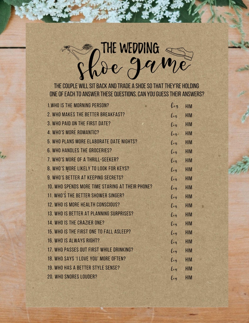The Wedding Shoe Game Bridal Shower Game Printable Pdf Bride Groom Party Fun Games Card