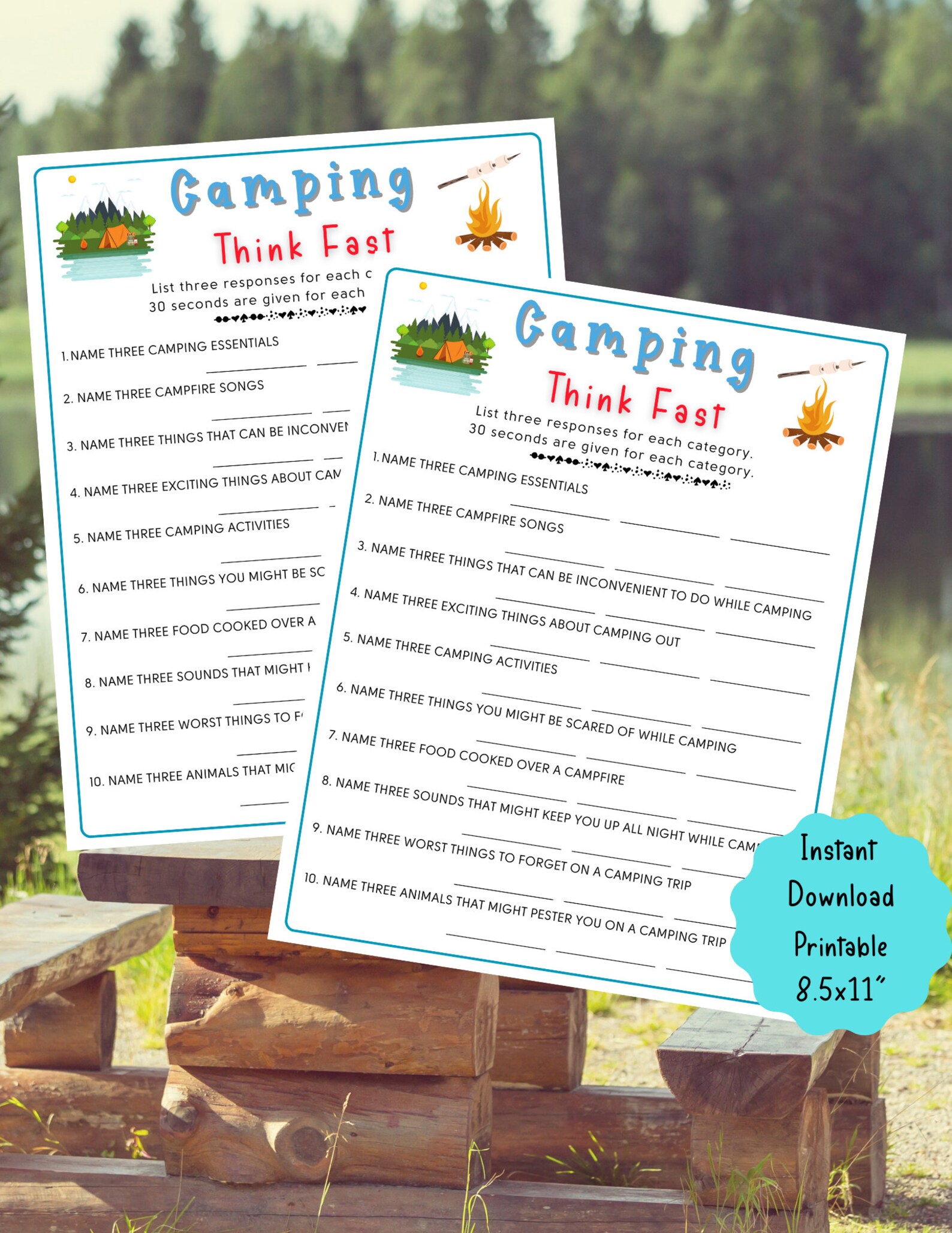 Camping Think Fast Game Fun Printable Camping Quiz Game Campsite Game