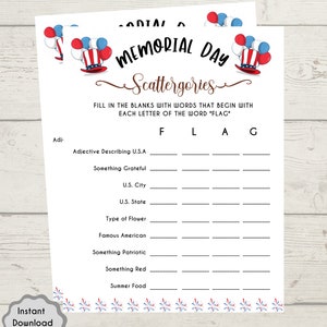 Op de afbeelding: Een printbaar Memorial Day Scattergories-spelblad met een rood-wit-blauw thema. De spelinstructies zijn: "Vul de lege plekken in met woorden die beginnen met elke letter van het woord "FLAG"."