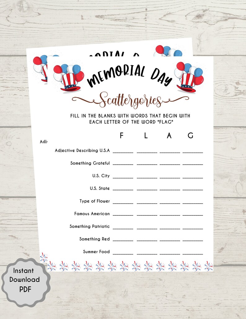 Op de afbeelding: Een printbaar Memorial Day Scattergories-spelblad met een rood-wit-blauw thema. De spelinstructies zijn: "Vul de lege plekken in met woorden die beginnen met elke letter van het woord "FLAG"."