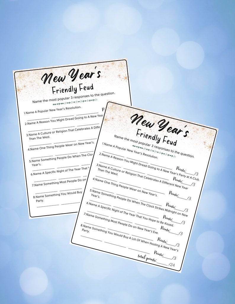 New Years Friendly Feud Game, Printable New Year's Eve Game, New Year