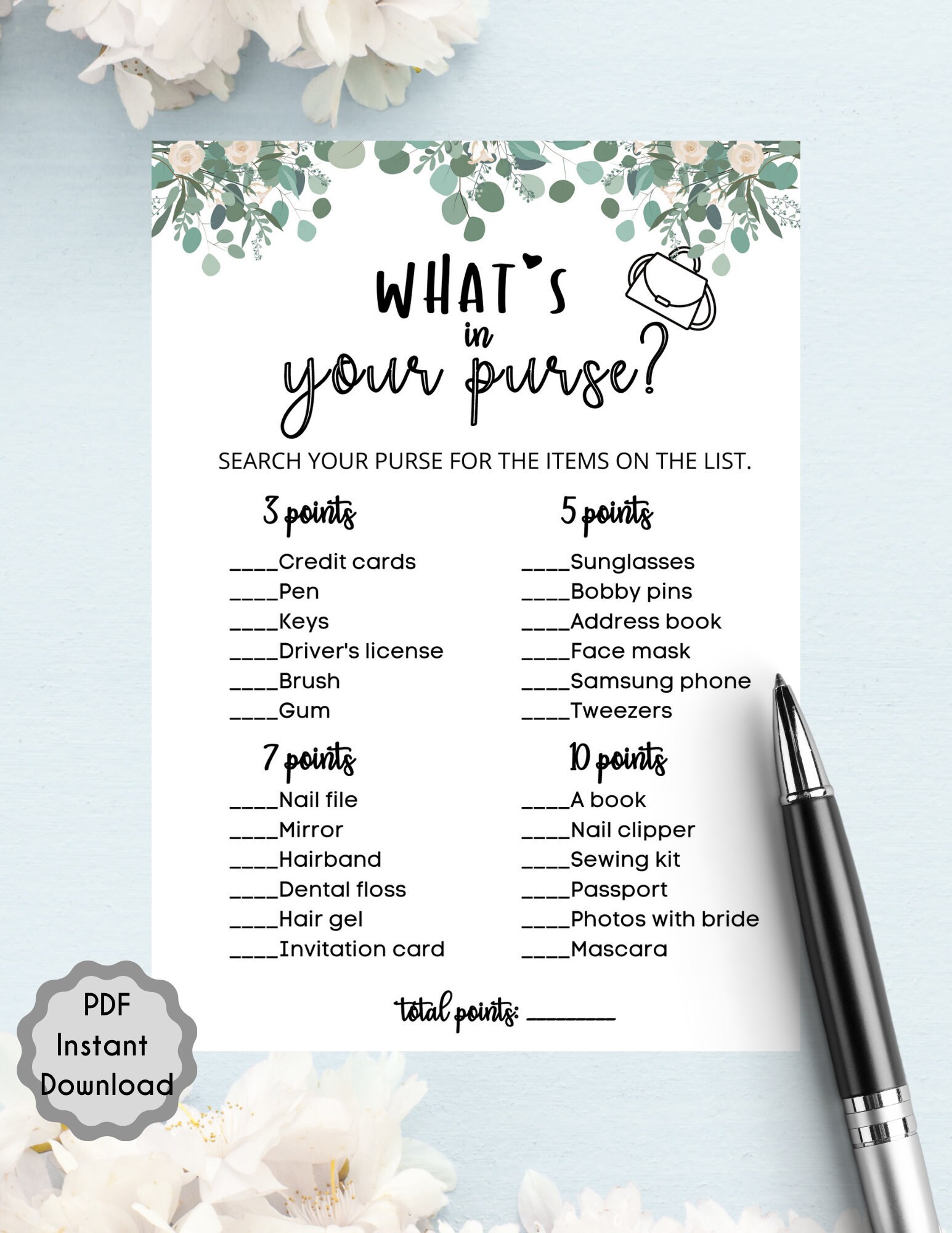 Whats in Your Purse Bridal Trivia Game L Greenery Bridal Etsy