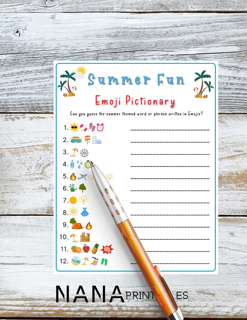 Puede incluir: Un juego imprimible de tem&aacute;tica veraniega llamado "Summer Fun Emoji Pictionary". El juego presenta 12 l&iacute;neas con un n&uacute;mero y un conjunto de emojis en cada l&iacute;nea. El jugador debe adivinar la palabra o frase de tem&aacute;tica veraniega representada por los emojis.