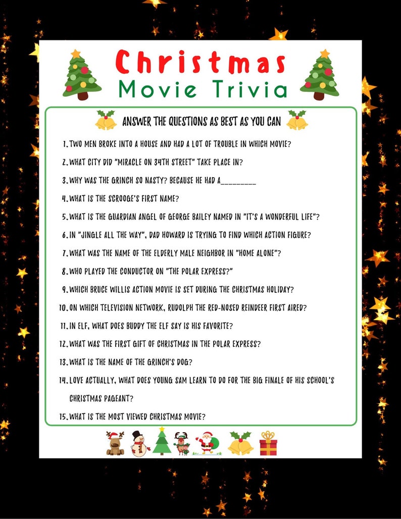 Christmas Game Movie Trivia Holiday Party Game Christmas Printable Game Christmas Party Game 