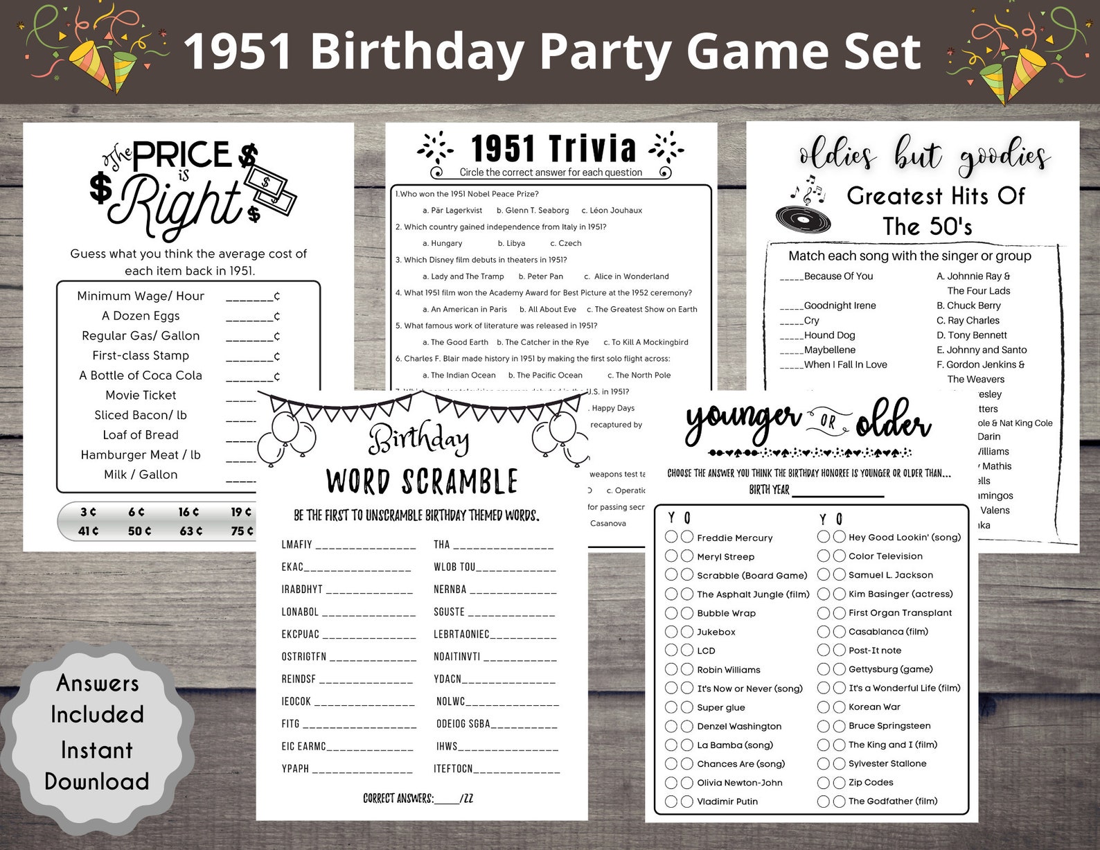 1951 70th birthday party game set born in 1951 birthday etsy