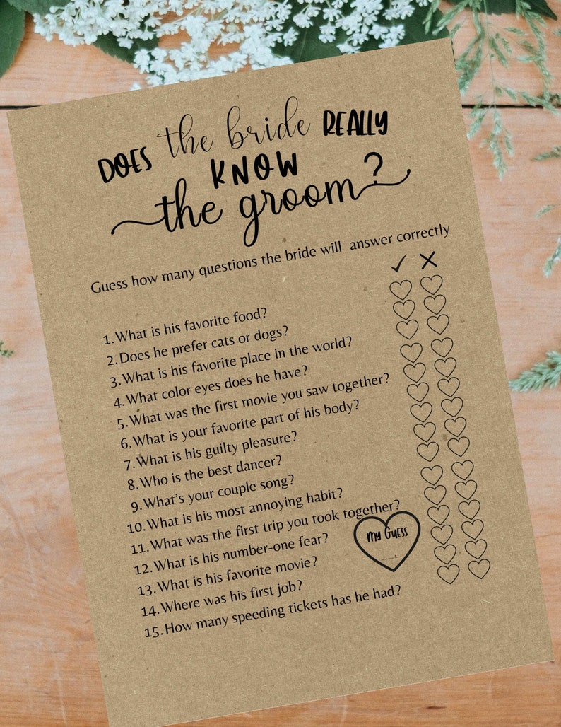 Does The Bride Really Know The Groom Bridal Shower Game, Printable PDF, Bride & Groom Party, Brunch Games, Rustic Minimalist, Newlywed game image 6