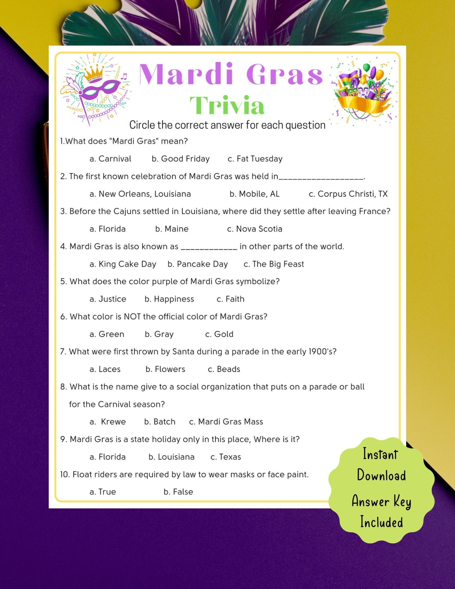 Free Printable Mardi Gras Trivia Game