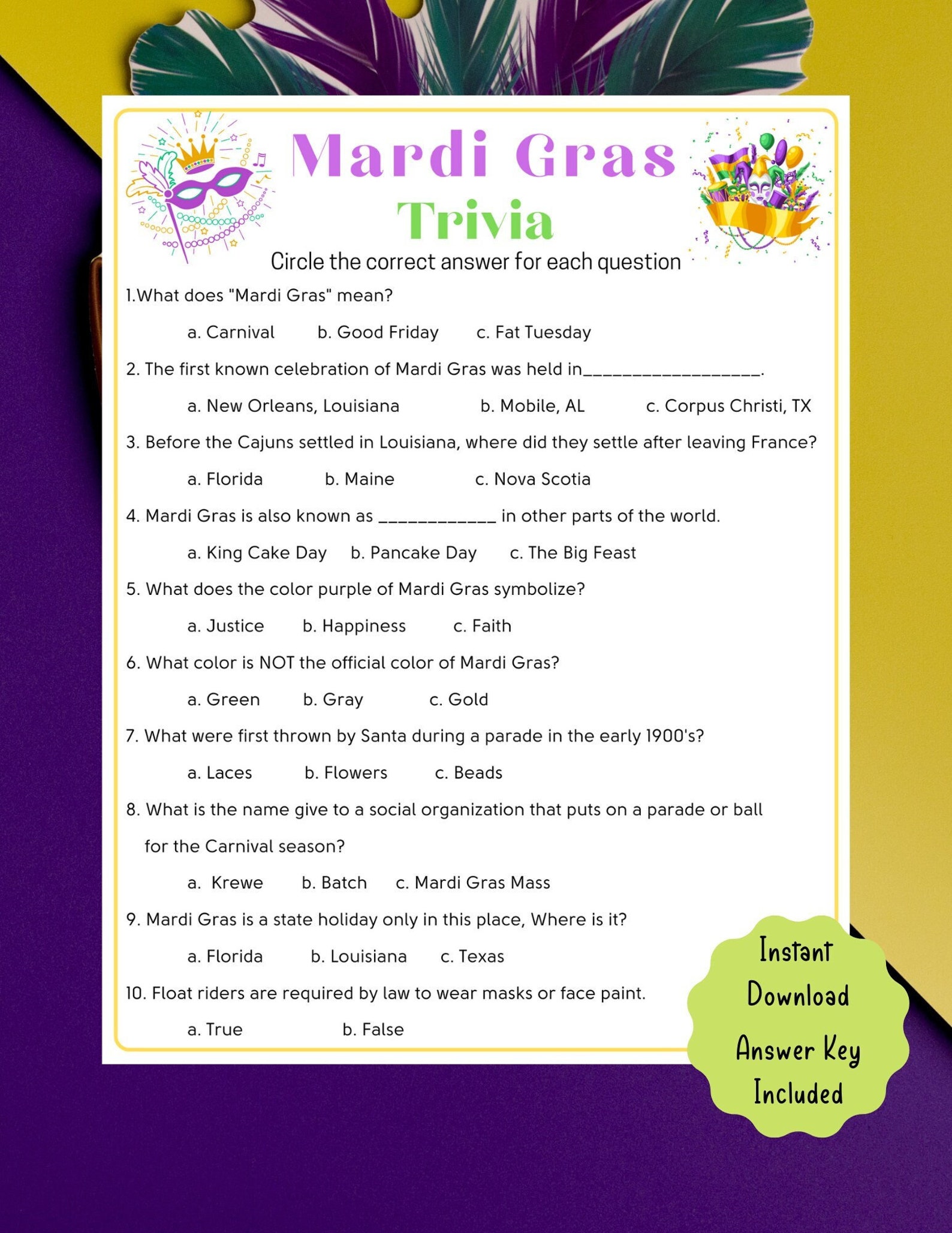 Mardi Gras Trivia Game Mardi Gras Printable Game For Kids Adults Fun Mardi Gras Party Game