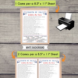May include: Printable Fourth of July riddle game with a red, white, and blue color scheme. The game includes two sizes: one game per 8.5 x 11 inch sheet and two games per 8.5 x 11 inch sheet. The game features a white background.