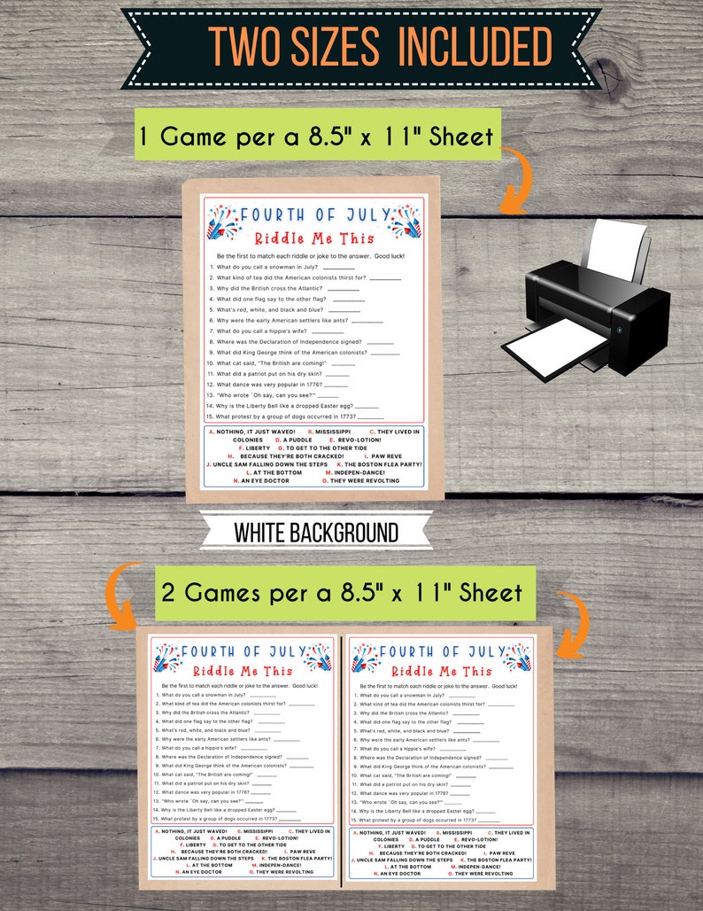 May include: Printable Fourth of July riddle game with a red, white, and blue color scheme. The game includes two sizes: one game per 8.5 x 11 inch sheet and two games per 8.5 x 11 inch sheet. The game features a white background.
