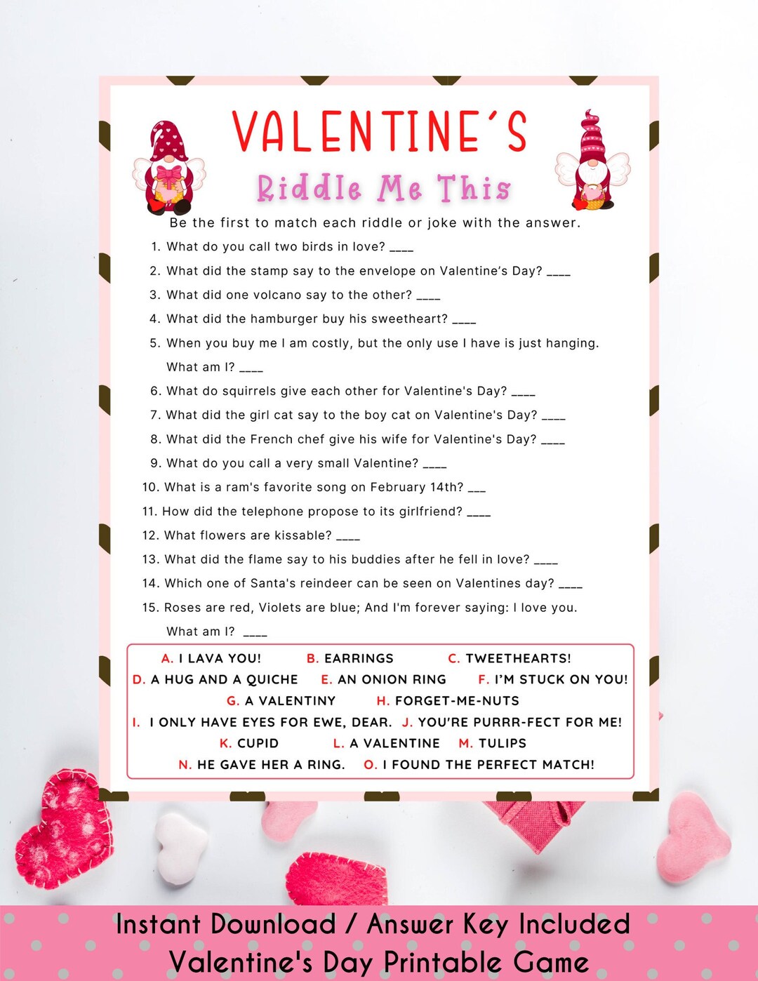 Fun Valentine's Day Riddle Me This Game Valentine's Quiz Valentines Printable Game for Kids