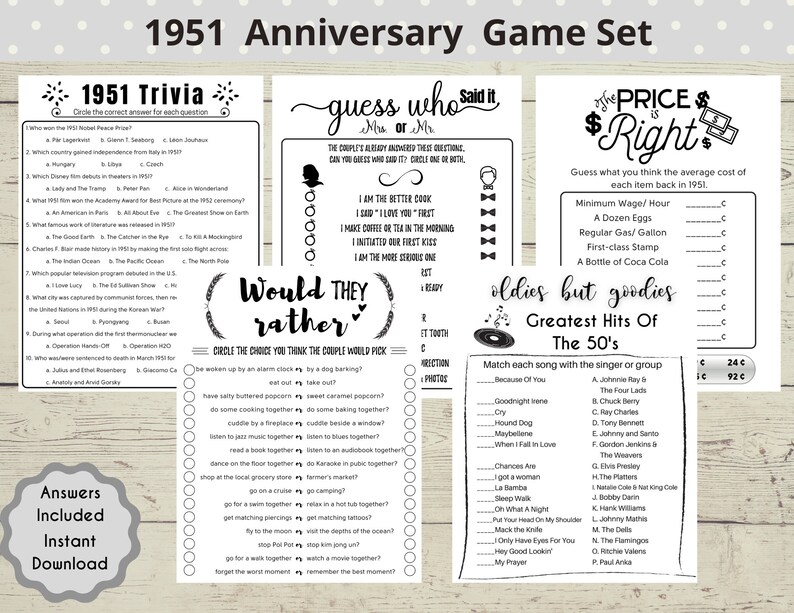Wedding Trivia Silver Anniversary 1951 70th Wedding Anniversary Party Games 70 Years Marriage Party Married In 1951 70th Anniversary Paper Party Supplies Party Favors Games Timeglobaltech Com