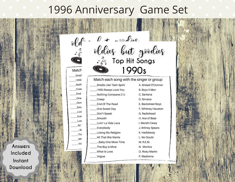 May include: A printable game set for a 1996 anniversary party. The game is called "Oldies But Goodies" and features a list of popular songs from the 1990s. Players must match each song with the singer or group that performed it.