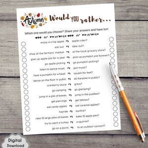Puede incluir: Un juego imprimible de "&iquest;Qu&eacute; prefieres?" con tem&aacute;tica oto&ntilde;al. El juego presenta 15 preguntas diferentes con dos opciones cada una. Las preguntas son sobre actividades, comida y tradiciones oto&ntilde;ales. El juego est&aacute; impreso en papel blanco con un borde marr&oacute;n.