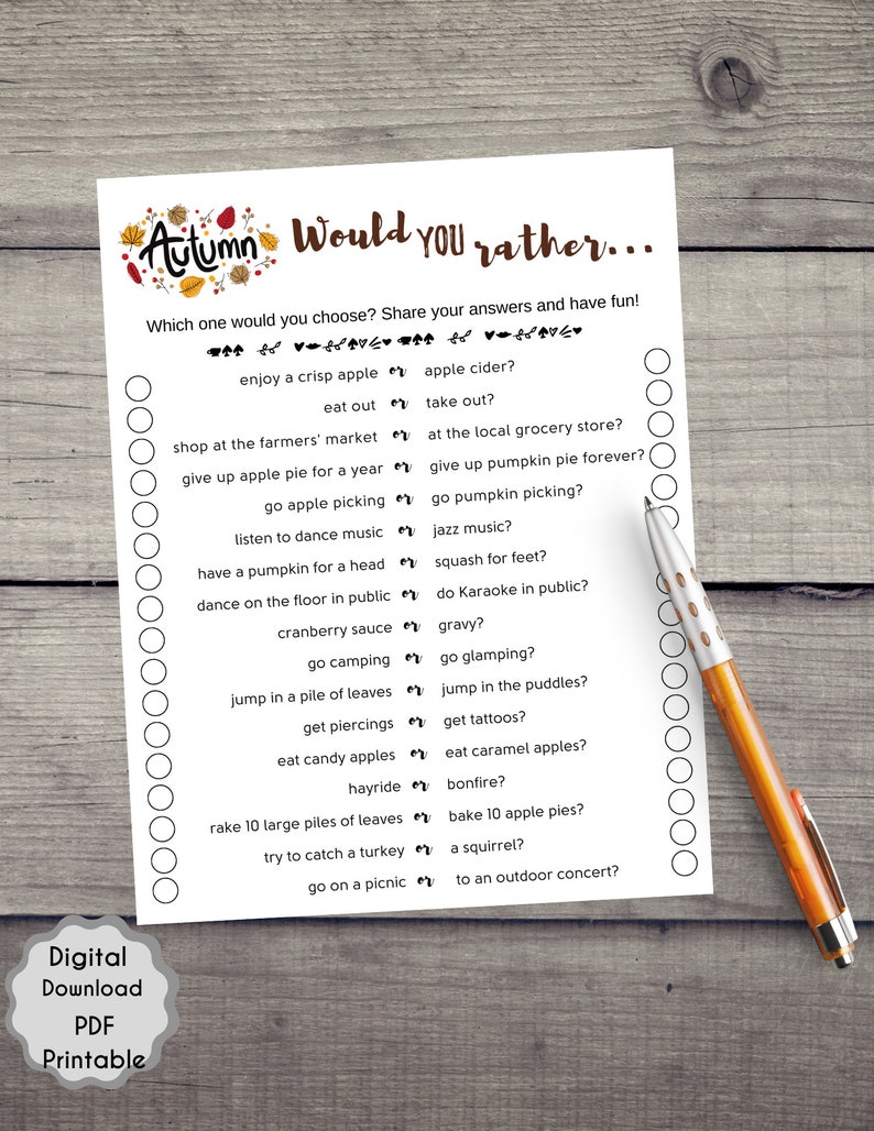 Puede incluir: Un juego imprimible de "&iquest;Qu&eacute; prefieres?" con tem&aacute;tica oto&ntilde;al. El juego presenta 15 preguntas diferentes con dos opciones cada una. Las preguntas son sobre actividades, comida y tradiciones oto&ntilde;ales. El juego est&aacute; impreso en papel blanco con un borde marr&oacute;n.
