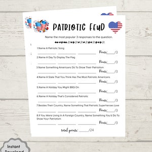 May include: A printable patriotic themed game with the title "Patriotic Feud". The game asks players to name the most popular 3 responses to a series of questions about patriotism. The game is scored out of 24 points.