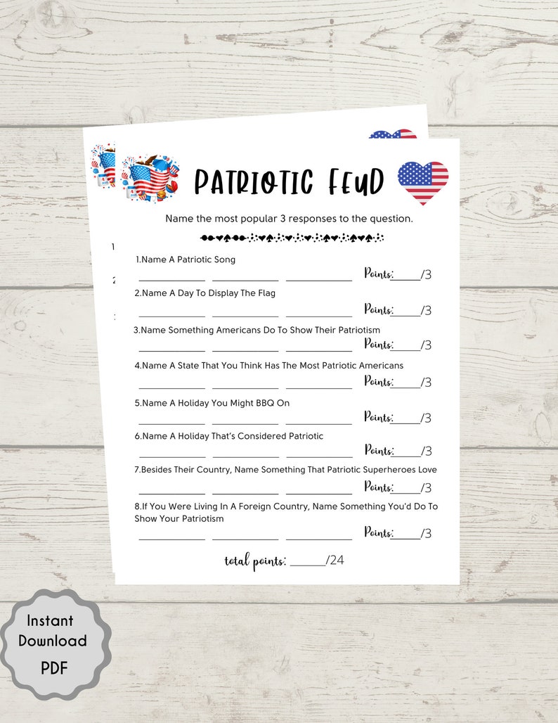 May include: A printable patriotic themed game with the title "Patriotic Feud". The game asks players to name the most popular 3 responses to a series of questions about patriotism. The game is scored out of 24 points.
