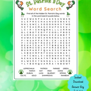 May include: A green and white printable St. Patrick's Day word search puzzle with a shamrock design. The puzzle includes words like "Leprechaun", "March", "Dublin", "Gold", "Shamrocks", "Patrick", "Hat", "Irish", "Blarney", "Parade", "Green", "Coins", "Spring", and "Rainbow".